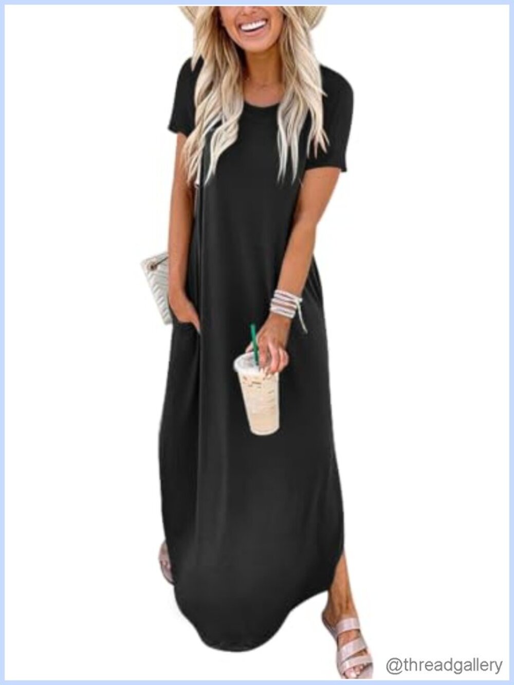 Womens Summer Maxi Dress Short Sleeve Casual Loose Split Beach Sundress